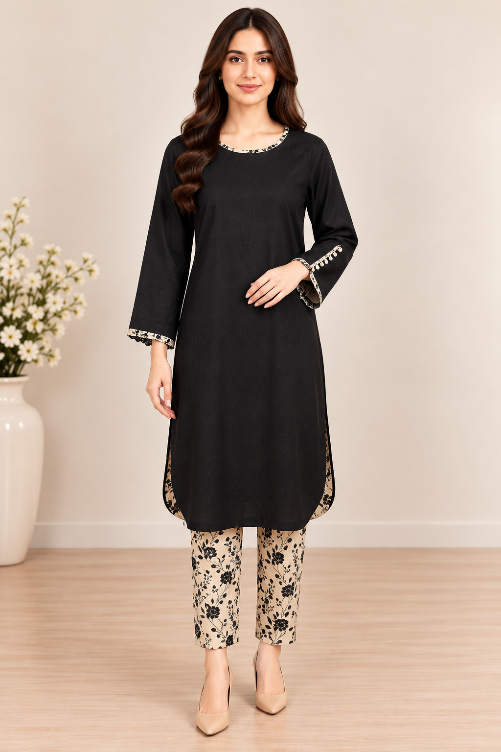 2PC– Black Kurta with Floral Trousers.