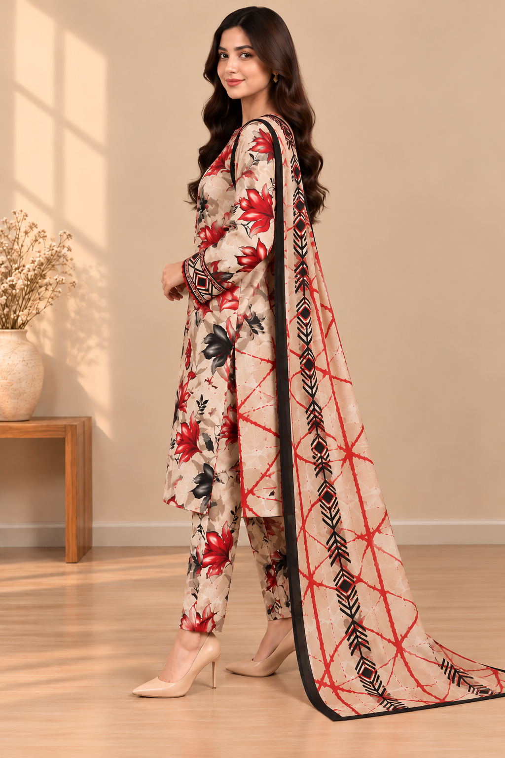 3-Piece Khaddar Suit-Scarlet Bloom - Image 2