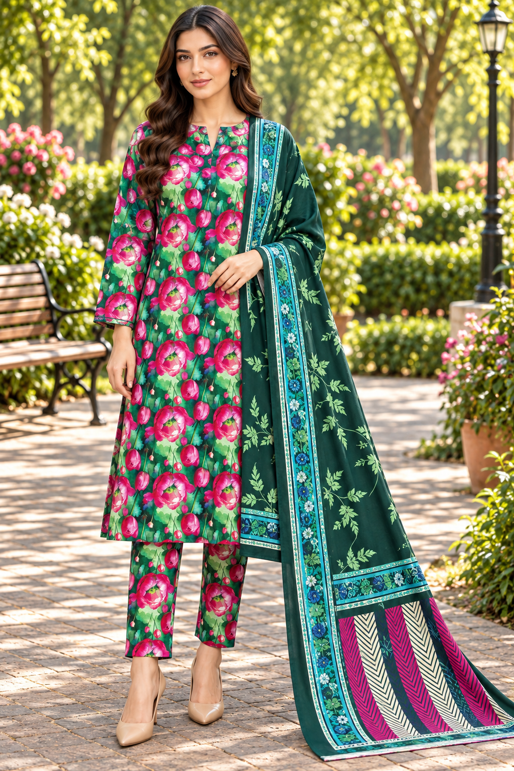 3-Piece Khaddar Printed Suit-Emerald Bloom