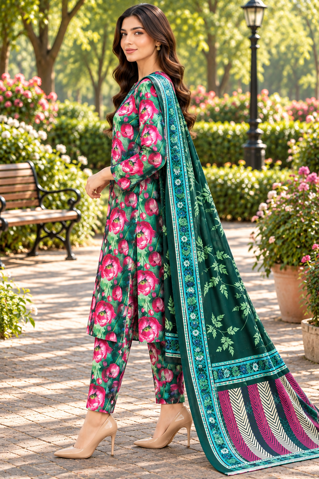 3-Piece Khaddar Printed Suit-Emerald Bloom - Image 2