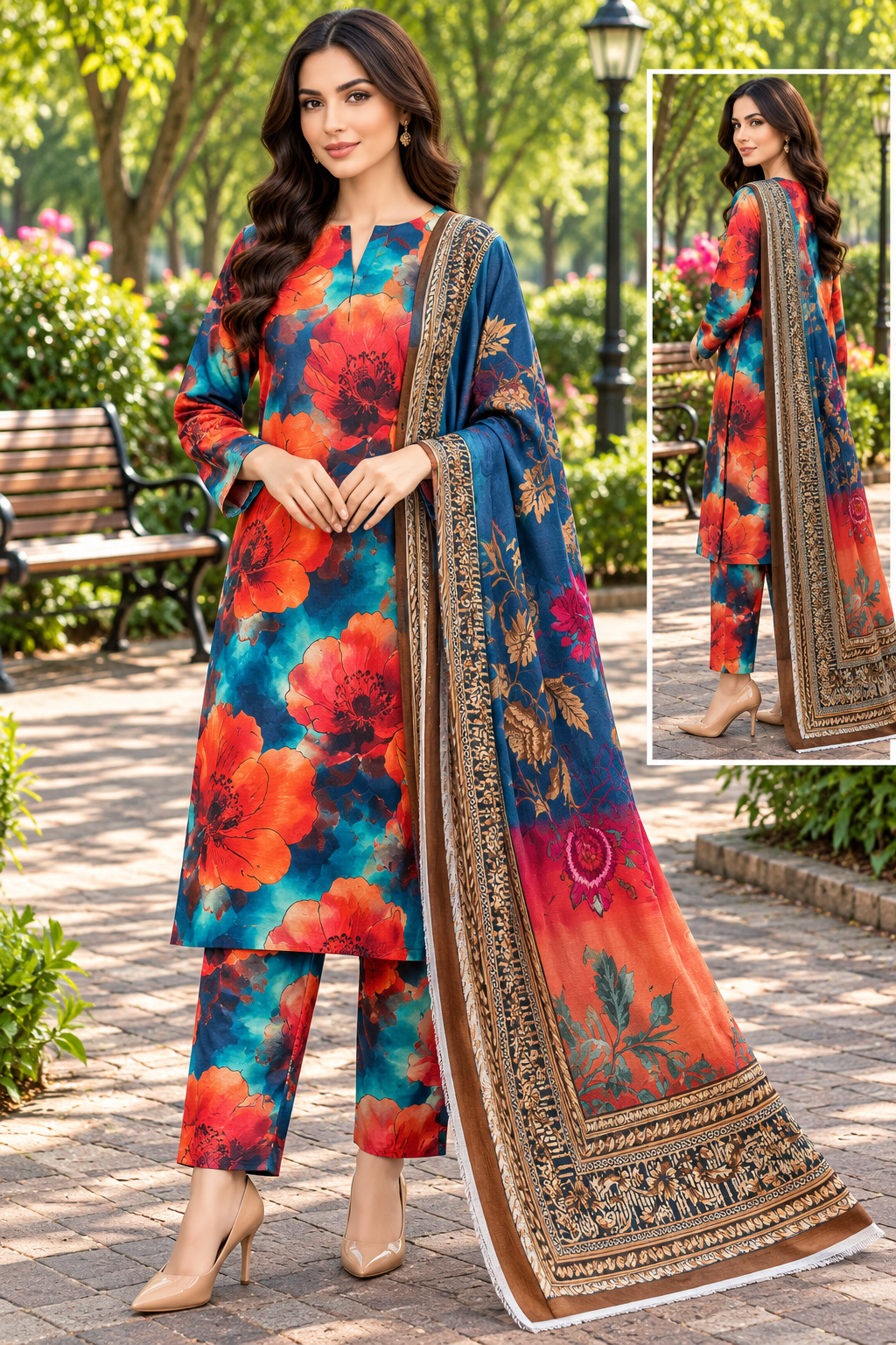 3-Piece Printed Suit-Khaddar-Ocean Bloom