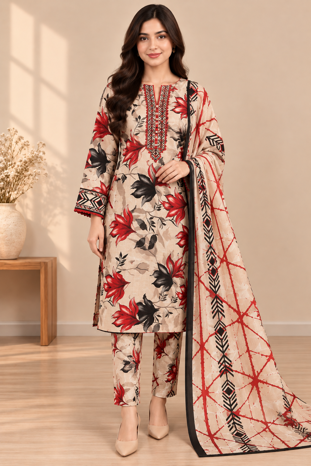 3-Piece Khaddar Suit-Scarlet Bloom